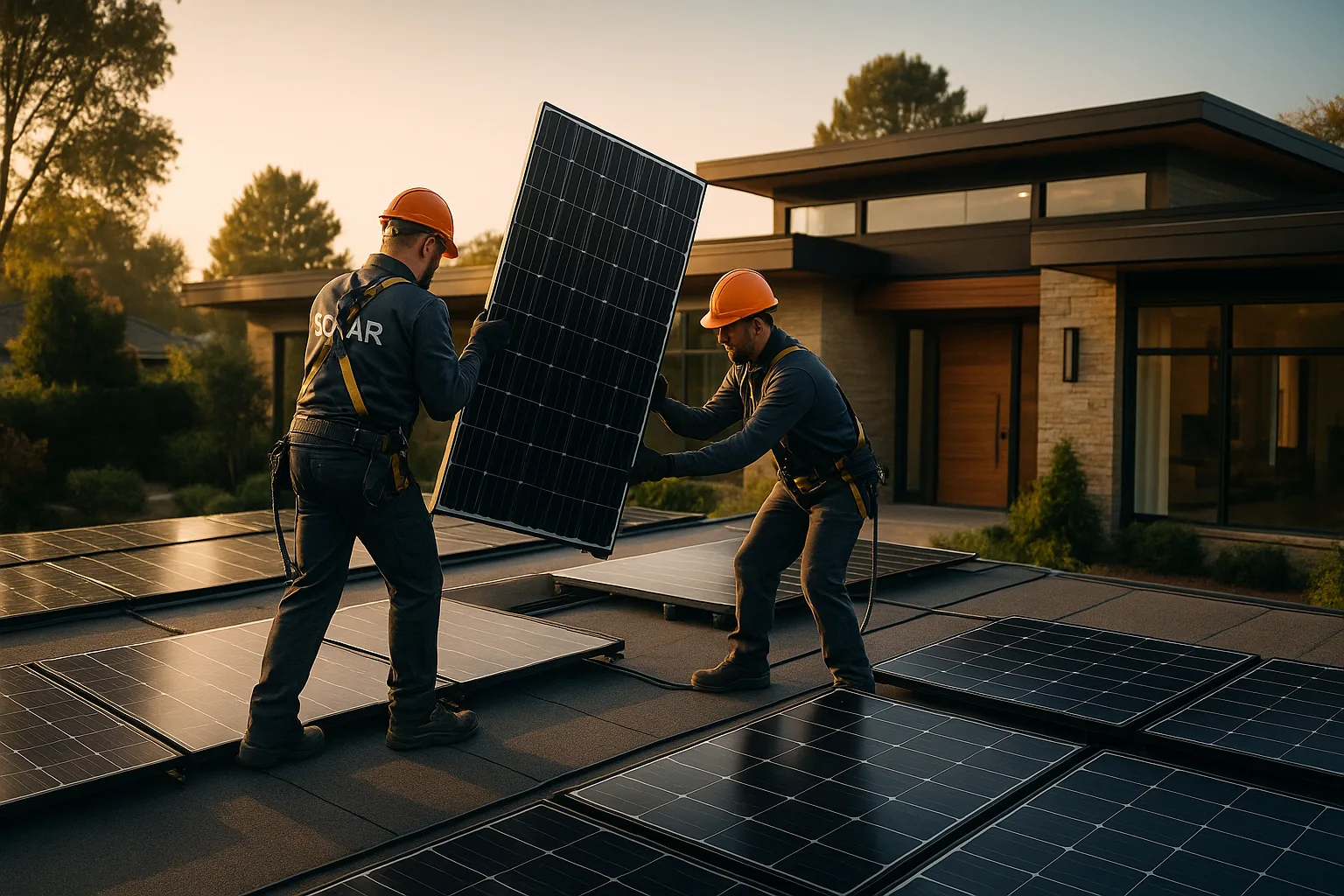 Solar panels being installed on a luxury home
