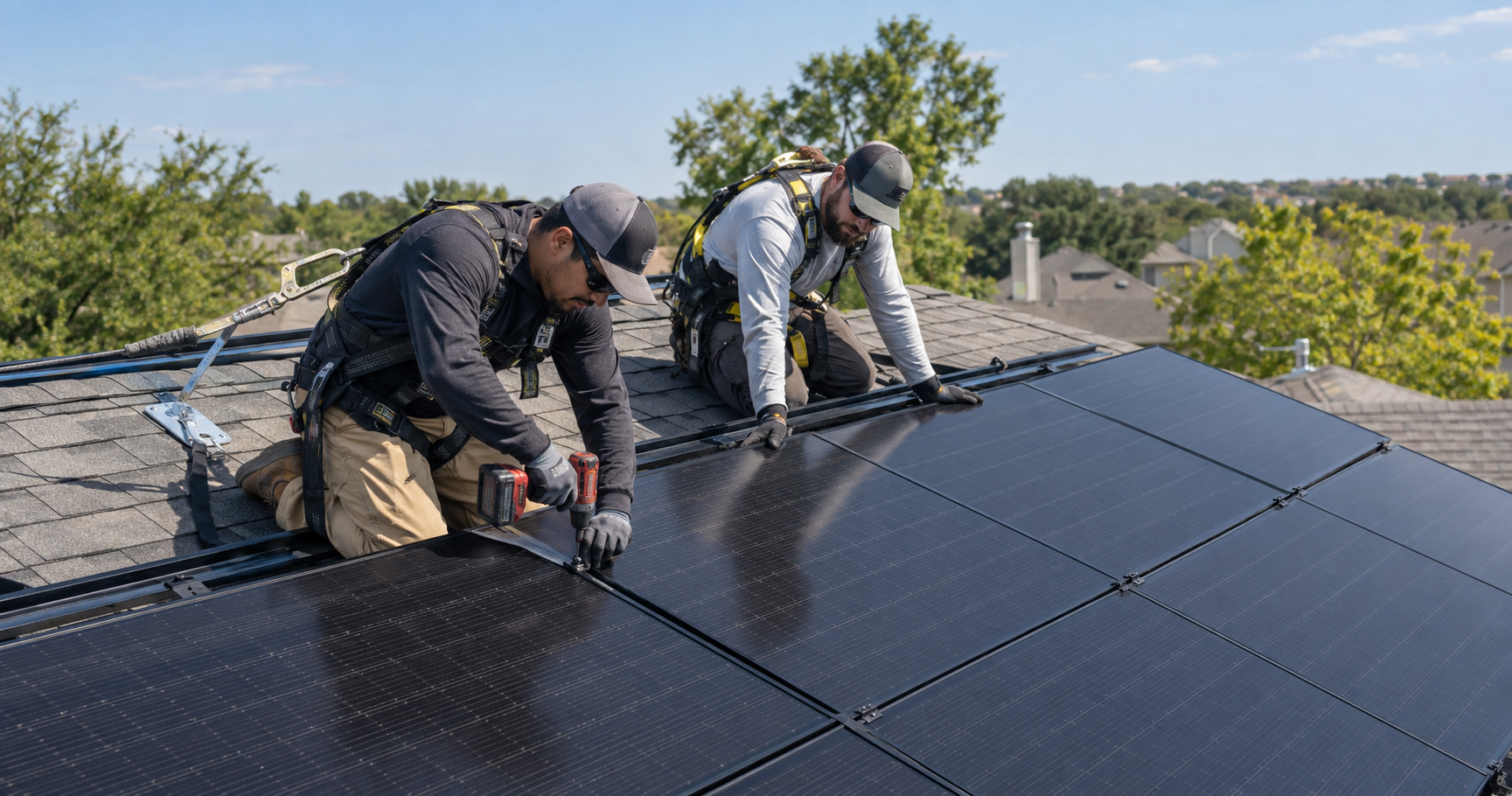 Solar panels being installed on a luxury home